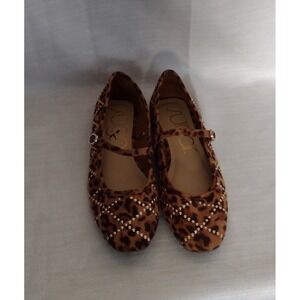 Women's SugarBrand Leopard Square Toe Mary Jane Flats 8.5 Gold Accent Details